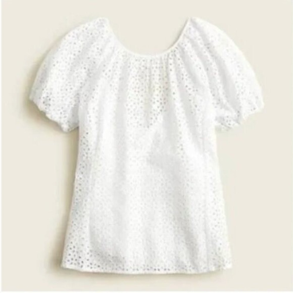 J.Crew Eyelet Puff Sleeve Top V-Back Zipper Cotton Blouse Boho Feminine NWT 12